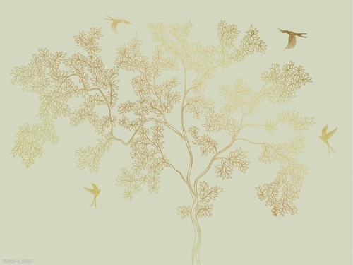 дерево, графика, золотые, на светло зеленом фоне