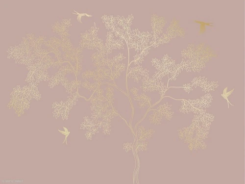 дерево, графика, золотые, на темно розовом фоне