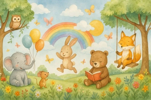 детские, животные, лес, рисунки, радуга, лисичка, мишка, зайчик, бабочки, мышка, сова