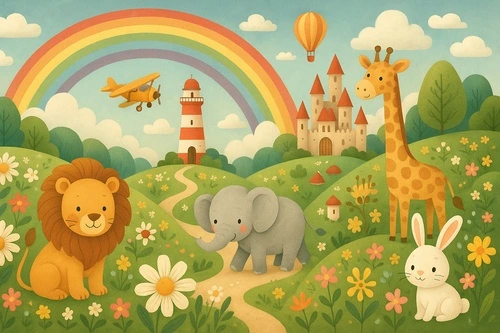 недорогие, замок, жираф, слон, лев, радуга, самолет, воздушный шар, природа, детские, цветы