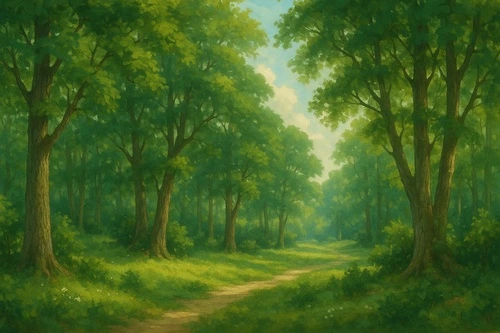 лес, деревья, тропинка, зелень, природа, солнечно, тени, пейзаж, лето, тишина, акварель