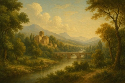 современные, пейзаж, река, мост, деревья, горы, храм, классика, живопись, природа, рассвет