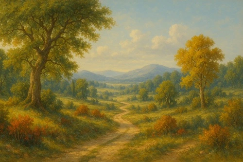 над кроватью, пейзаж, дорога, осень, природа, деревья, горы, живопись, деревенский стиль, холмы, закат