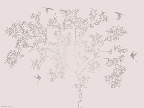 дерево, графика, светло розовые, серебряные, птицы