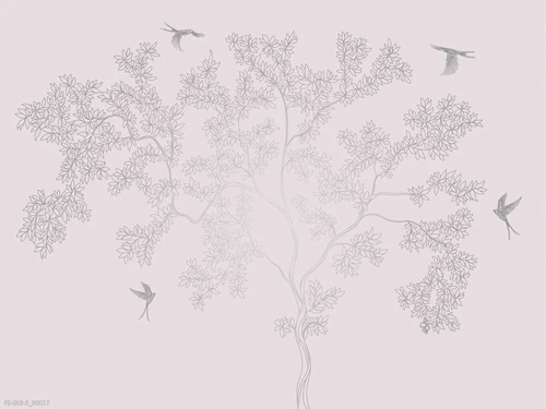 дерево, графика, бледно розовые, серебро, с птицами