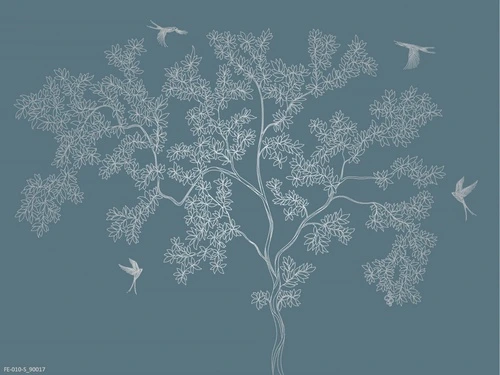 дерево, графика, бирюзовые, с серебром, листья, птицы
