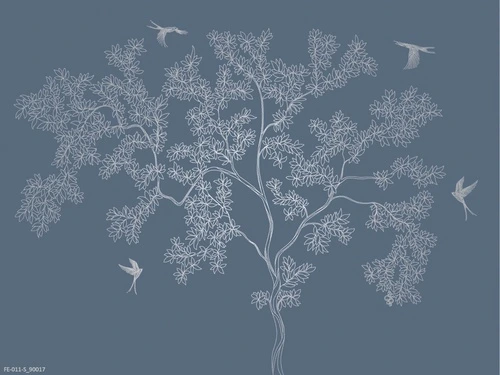 дерево, графика, темно синие, с птицами на ветках