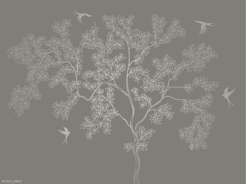 дерево, графика, серо-коричневые, с серебром, птицы, листья