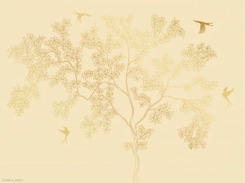 дерево, графика, песочные, желтые, золото, ветки, листья, птицы