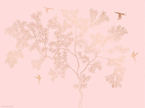 дерево, графика, персиковые, золотые ветки, птицы