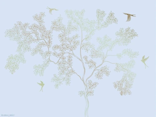 дерево, графика, яркие, голубые, золотые ветки, птицы