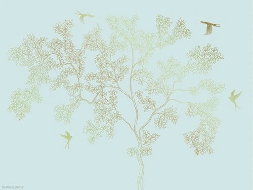 дерево, графика, яркие, бирюзовые, золотые веткии листья, птицы