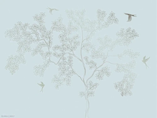 дерево, графика, серо-голубые, золотые птицы