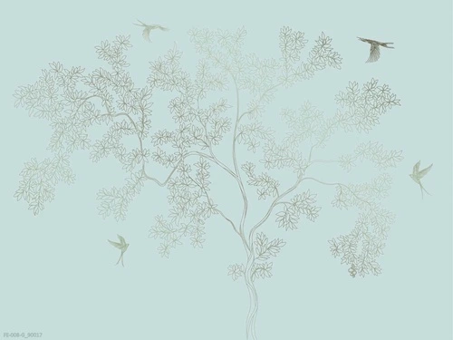 дерево, графика, серо-бирюзовые, золотые птицы и листья