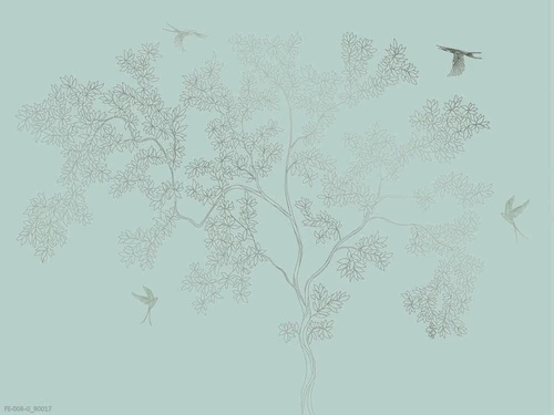 дерево, графика, темно бирюзовые, золотые листья и птицы