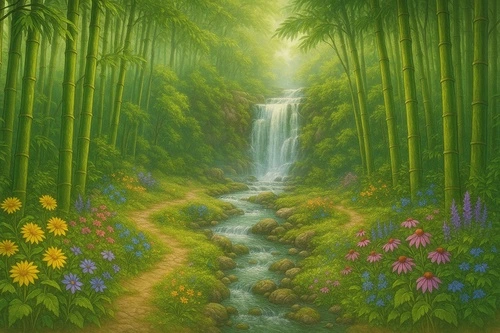 природа, бамбуковый лес, водопад, спокойный пейзаж, дзен-декор