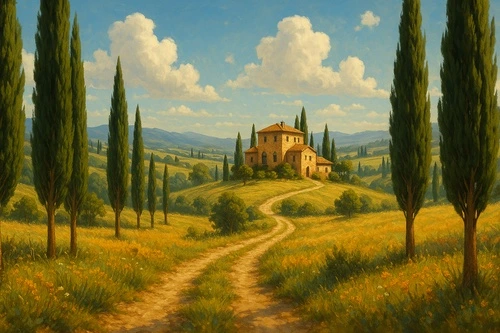 самоклеющиеся, деревенский пейзаж, дом в поле, холмы, кипарисы