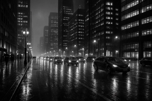 черно-белые, современный город, дождь, машины, трафик, небоскрёбы, ночь, отражения, огни города