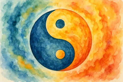 инь янь, акварель, абстрактная картина, символ баланса, гармония, дзен, духовное искусство