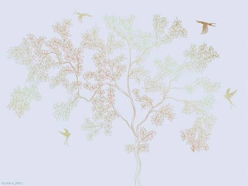 дерево, графика, яркие, сиреневые, золотые птицы, золотые листья