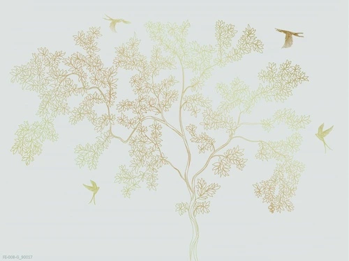 дерево, графика, серо-голубые, золотые ветки, птицы