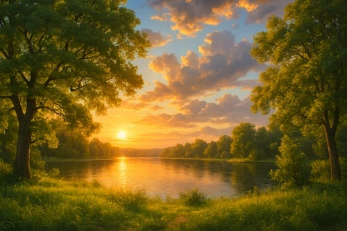 природа, пейзаж, озеро, закат, деревья, трава, облака, лето, зелень, лес, горизонт, отражение в воде, небо