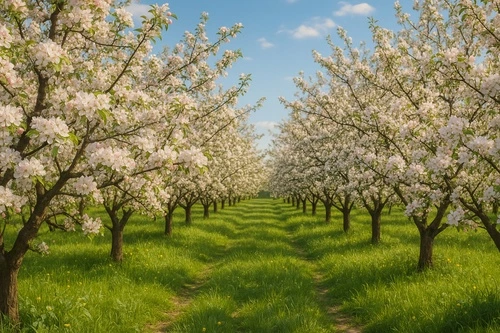 яблоневый сад, цветущие деревья, весна, трава, небо, облака, природа, сельская местность, цветение яблонь