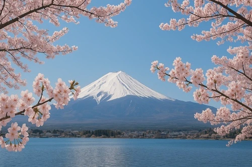 сакура, цветущие деревья, Япония, гора Фудзи, озеро, весна, небо, отражение в воде, природа, пейзаж