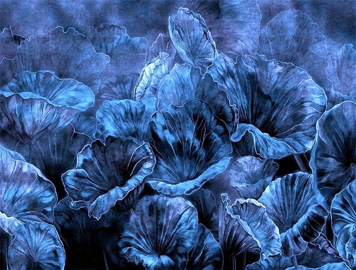 современные, листья, лотос, ярко синие, блю роял, электрик