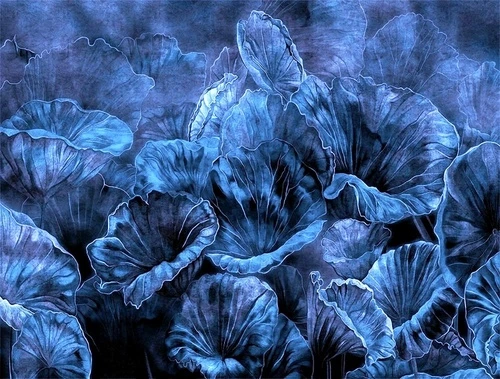 современные, листья, лотос, ярко синие, блю роял, электрик
