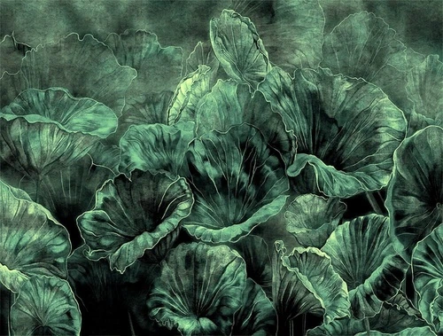 листья, современные, тропические, лотос, ярко зеленые, бархат