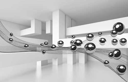 3D, абстракция, черно-белые, шары, металлический блеск, минимализм, геометрия, хай-тек, футуризм, провода, линии, современный стиль, цифровой дизайн