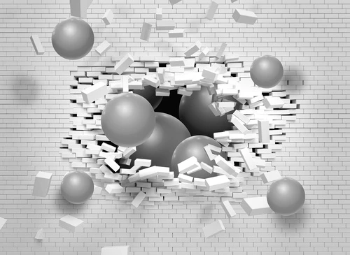 3D, абстракция, черно-белые, кирпичная стена, разрушение, шары, взрыв, динамика, геометрия, минимализм, футуризм, современный стиль, эффект движения