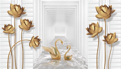 золотые, цветы, лотосы, лебеди, 3D, романтика, природа, вода, отражение, минимализм, белые, объемные элементы, архитектурный фон, современный стиль
