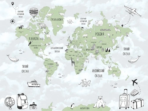 карта детская, детские карты, в детскую комнату, фотообои карты, на русском языке, в комнату мальчика, зеленые