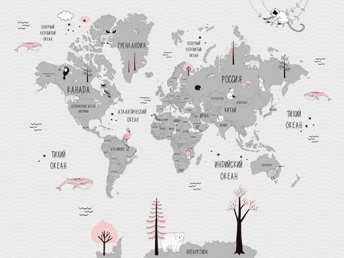 карта детская на русском языке, детские карты, в детскую комнату, в комнату мальчика, серые