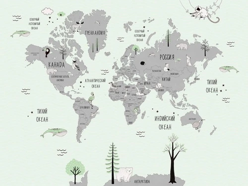 карта детская, детские карты на русском языке, в комнату мальчика, в детскую комнату, серые, салатовые