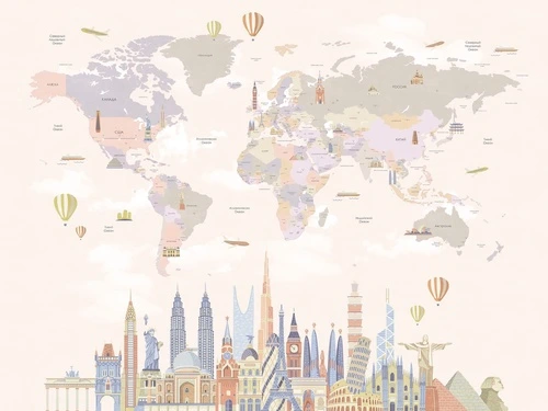 карта детская, на русском языке, в детскую комнату, в комнату девочки, светлая, нюдовые цвета, в пастельных тонах, на розовом фоне