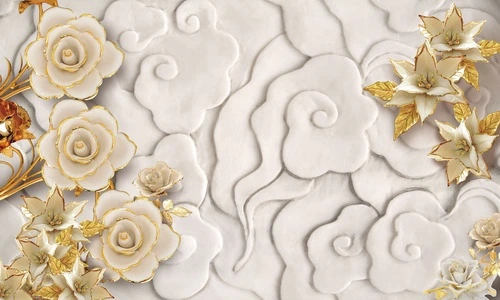 белые, золотые, цветы, розы, лилии, облака, 3D, рельеф, декоративные, флора, объемные элементы, узоры, барельеф, нежность, восточный стиль