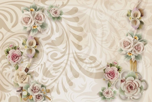 цветы, розы, каллы, флора, узоры, барокко, лепнина, декоративные элементы, объемные цветы, романтика, классический стиль, бежевые, розовые, зелёные