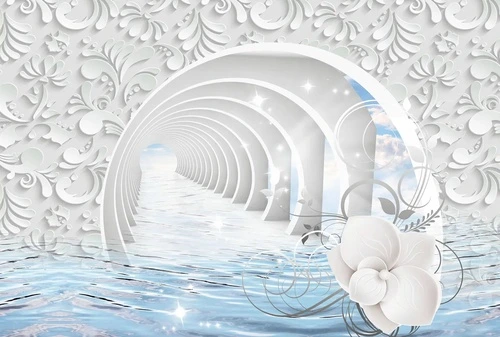 туннель, арки, вода, отражение, небо, облака, цветы, узоры, объемные элементы, декоративные, 3D, перспектива, белые, голубые