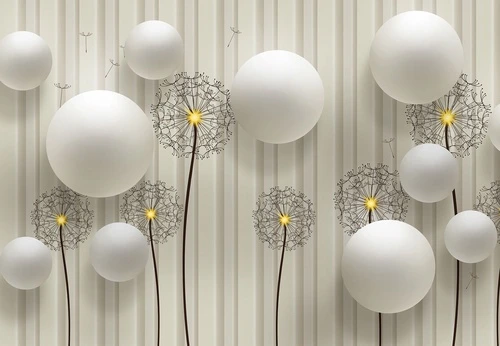 одуванчики, цветы, флора, шары, минимализм, вертикальные полосы, декоративные элементы, 3D, лето, воздух, легкость, абстракция, бежевые, белые, желтые