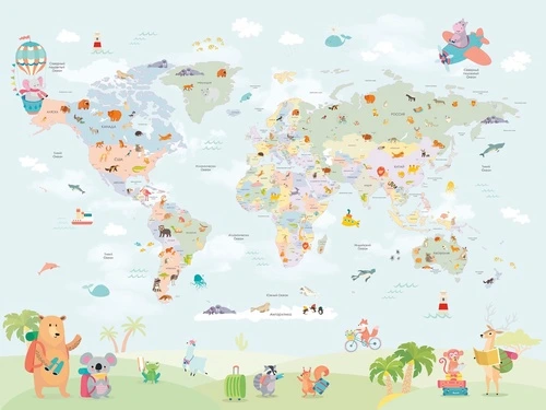 карта, карты, детские, для мальчика, карты с животными, на русском языке, в  комнату мальчика, в детскую комнату, голубые