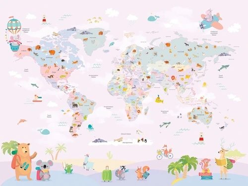 карта, карты, детские, для девочки, карта с животными, карта со зверями, на русском языке, в комнату девочке, карта в детскую комнату, ярко розовые, в детскую комнату
