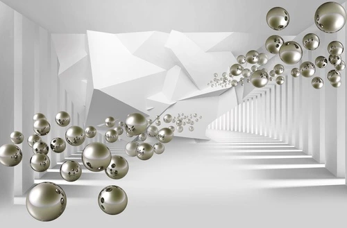 3D, туннель, перспектива, шары, абстракция, геометрия, футуризм, металл, архитектура, белые, серые, серебристые