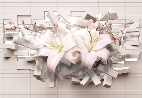 3D, цветы, лилии, кирпичная стена, геометрия, объемные, светло-розовые, бежевые, нежные