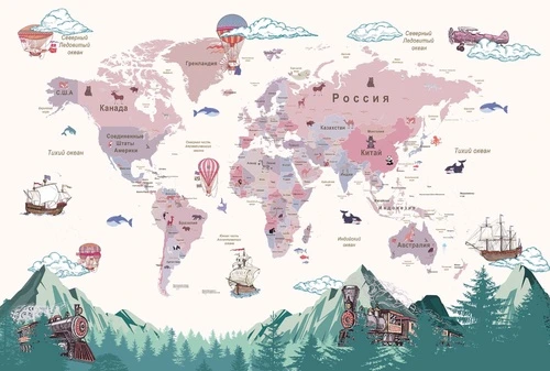 карты, на русском, в детскую комнату, розовые, зеленые горы, на стену карты