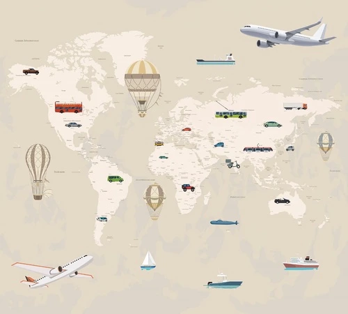 карты, в детскую комнату, на бежевом фоне, самолеты