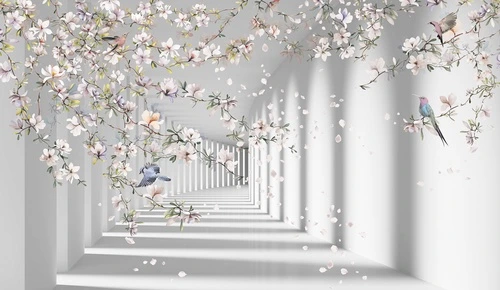 3D, цветы, сакура, птицы, лепестки, коридор, нежные, пастельные, белые, розовые, светлые, воздушные