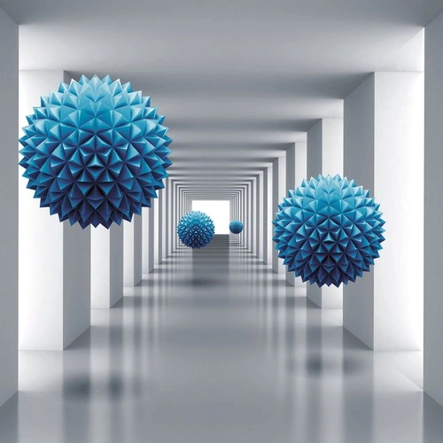 3d, абстракция, тоннель, перспектива, шары, синие, геометрические, современные, футуризм, минимализм, пространство, интерьер